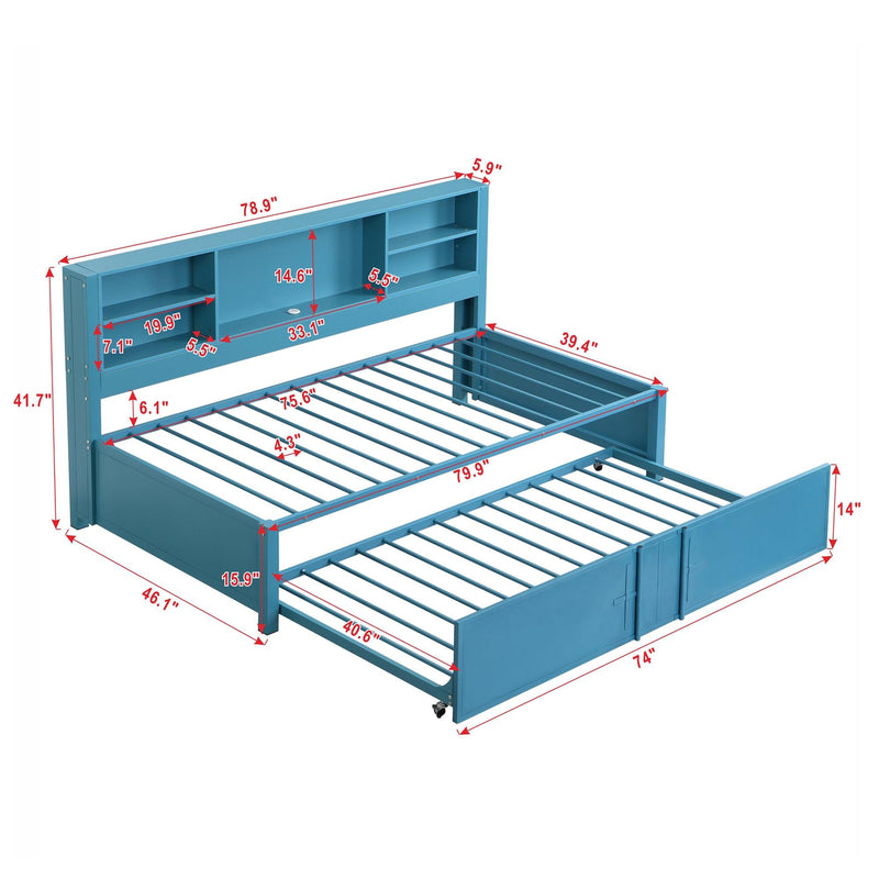 Metal Twin Size Daybed with Twin Size Trundle, Storage Shelves and USB Ports, Blue - Supfirm