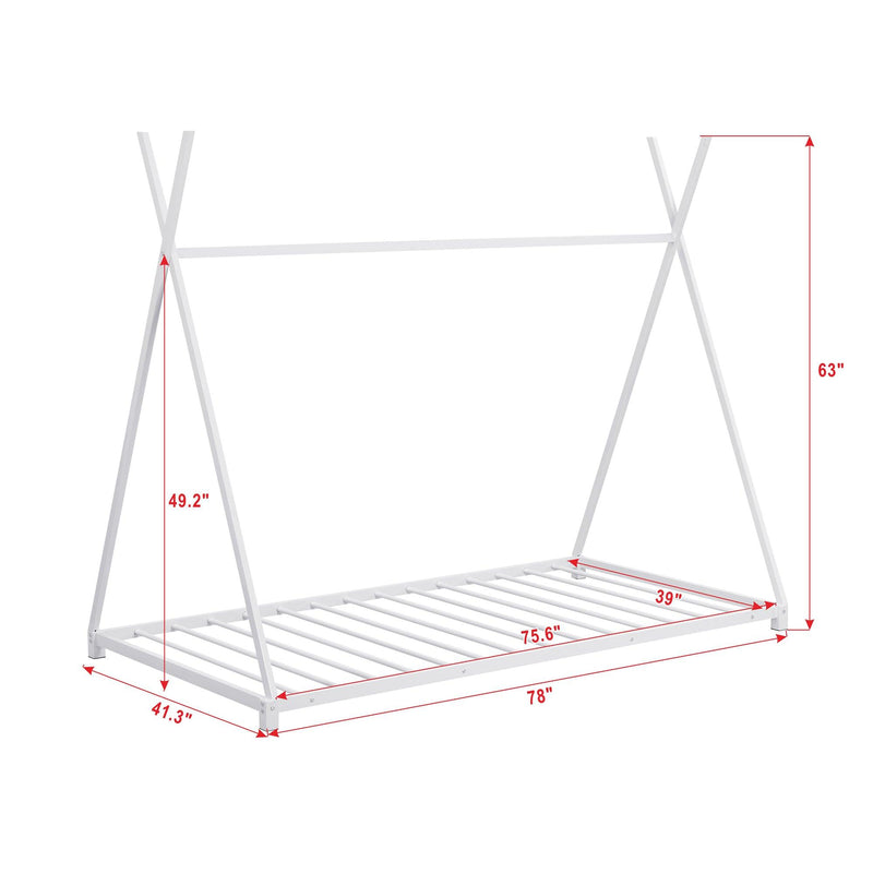 Metal Twin Size House Platform Bed with Triangle Structure, White - Supfirm