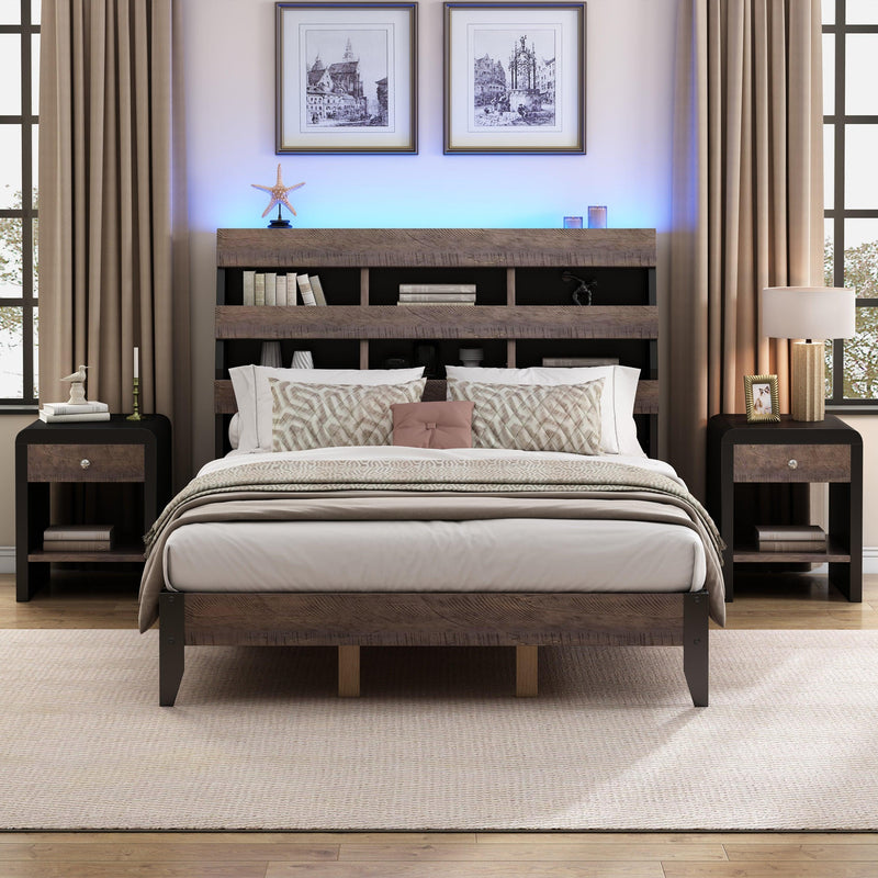 Mid Century Modern Style Queen Bed Frame with Bookshelf and LED Lights and USB Port, Walnut and Black - Supfirm