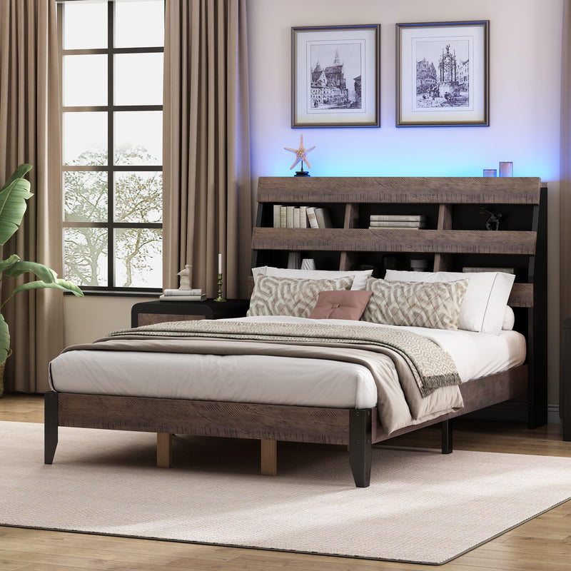 Mid Century Modern Style Queen Bed Frame with Bookshelf and LED Lights and USB Port, Walnut and Black - Supfirm