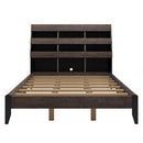 Mid Century Modern Style Queen Bed Frame with Bookshelf and LED Lights and USB Port, Walnut and Black - Supfirm