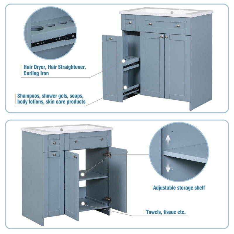 Modern 30-Inch Bathroom Vanity Cabinet with Easy-to-Clean Resin Integrated Sink in Blue - Supfirm