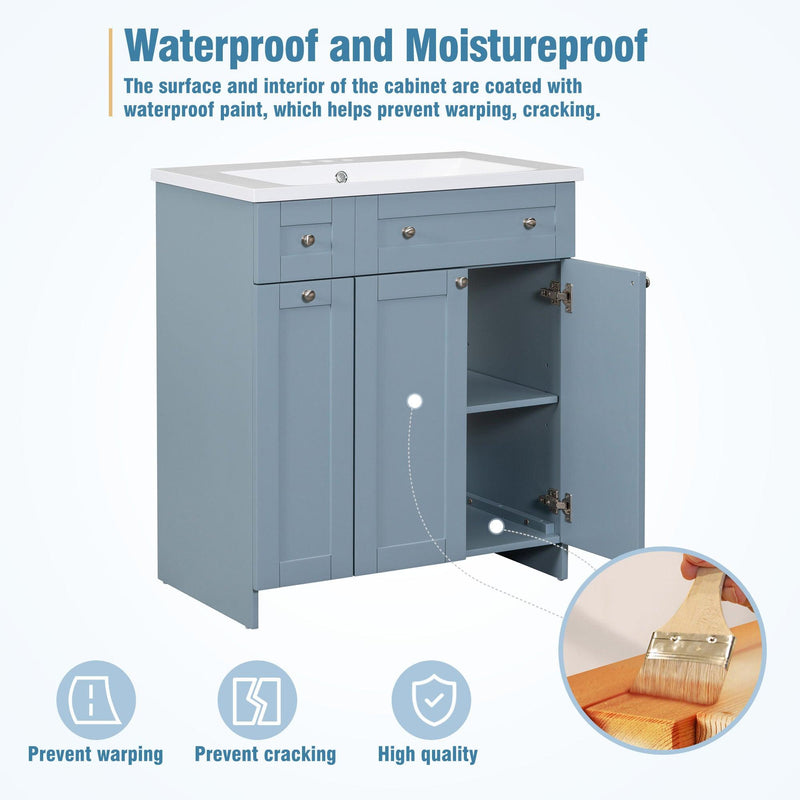 Modern 30-Inch Bathroom Vanity Cabinet with Easy-to-Clean Resin Integrated Sink in Blue - Supfirm