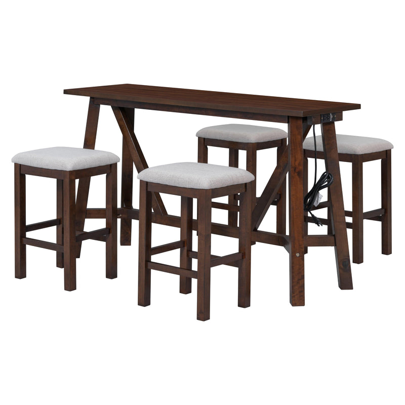 Modern 5-Piece Dining Table Set with Power Outlets,Bar Kitchen Table Set with Upholstered Stools, Easy Assemble, Walnut Table+Beige Stool - Supfirm