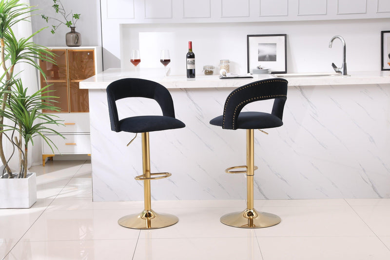 Modern Barstools Bar Height, Swivel Velvet Bar Stool Counter Height Bar Seat Chairs Adjustable Tufted Stool with Back& Footrest for Home Bar Kitchen Island Chair (Black, Set of 2) - Supfirm