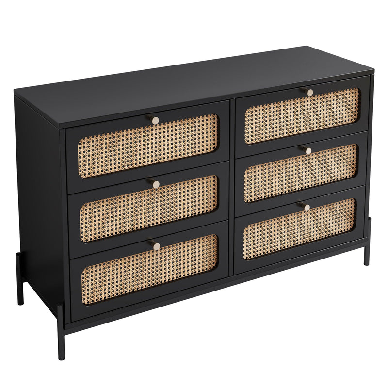 Modern Cannage Rattan Wood Closet 6-Drawer Dresser Wood Storage Cabinet Sideboard for Bedroom, Living Room, Entryway, Hallway, Black - Supfirm