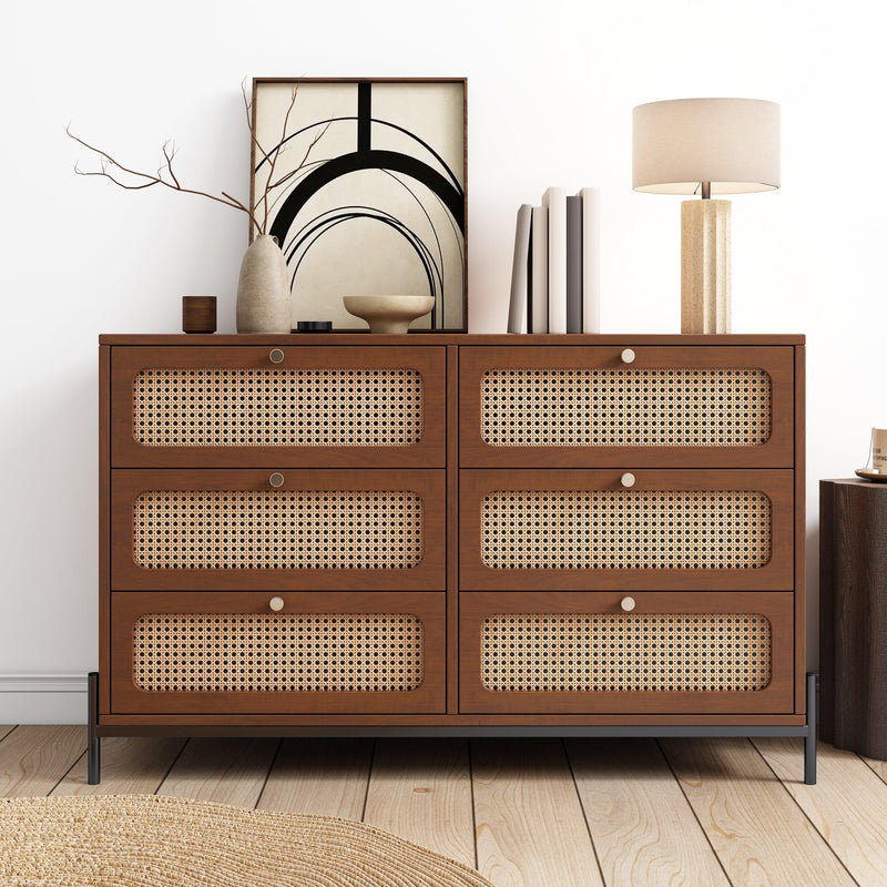 Modern Cannage Rattan Wood Closet 6-Drawer Dresser Wood Storage Cabinet Sideboard for Bedroom, Living Room, Entryway, Hallway, Walnut - Supfirm