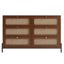 Modern Cannage Rattan Wood Closet 6-Drawer Dresser Wood Storage Cabinet Sideboard for Bedroom, Living Room, Entryway, Hallway, Walnut - Supfirm