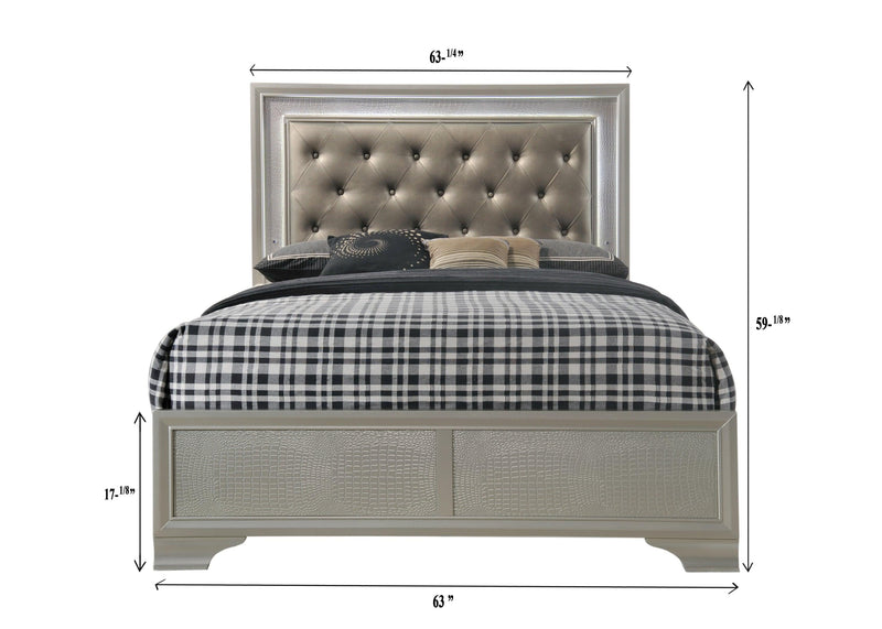 Modern Champagne Crocodile Skin Finish Upholstered 1pc Queen Size LED Panel Bed Faux Diamond Tufted Bedroom Furniture - Supfirm