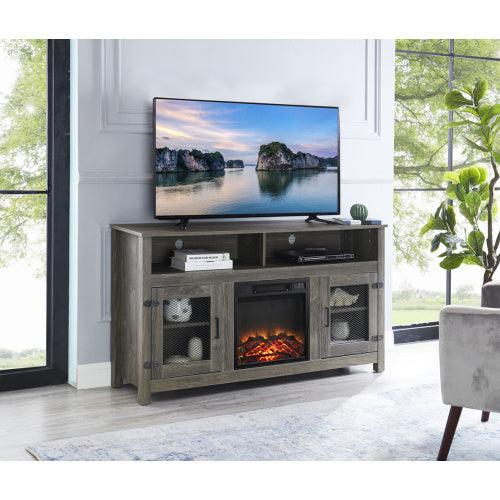 Modern Farmhouse TV Stand with Electric Fireplace, Fit up to 65" Flat Screen TV with Storage Cabinet and Adjustable Shelves Industrial Entertainment Center for Living Room, Grey - Supfirm