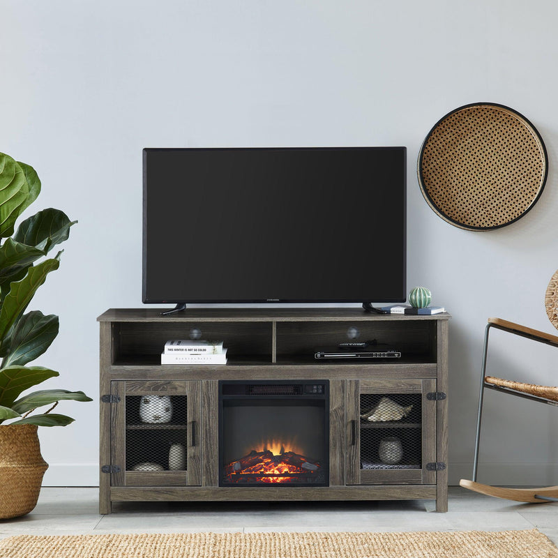 Modern Farmhouse TV Stand with Electric Fireplace, Fit up to 65" Flat Screen TV with Storage Cabinet and Adjustable Shelves Industrial Entertainment Center for Living Room, Grey - Supfirm