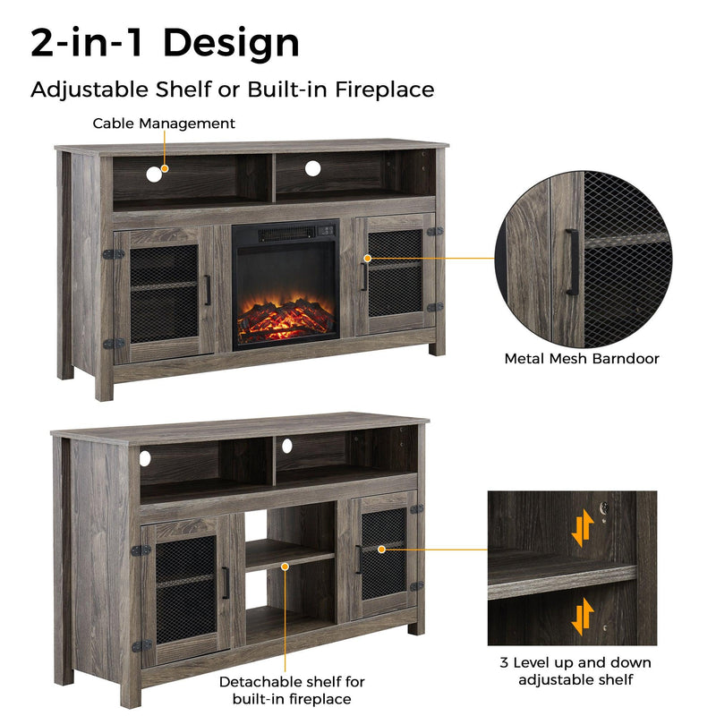 Modern Farmhouse TV Stand with Electric Fireplace, Fit up to 65" Flat Screen TV with Storage Cabinet and Adjustable Shelves Industrial Entertainment Center for Living Room, Grey - Supfirm