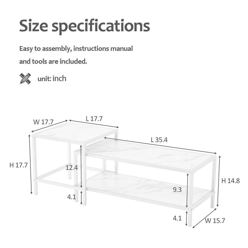 Modern Nesting coffee table Square & rectangle,Black metal frame with wood marble color top - Supfirm