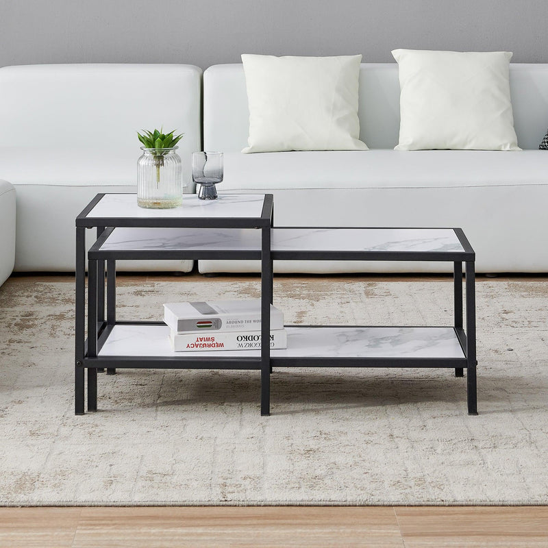 Modern Nesting coffee table Square & rectangle,Black metal frame with wood marble color top - Supfirm