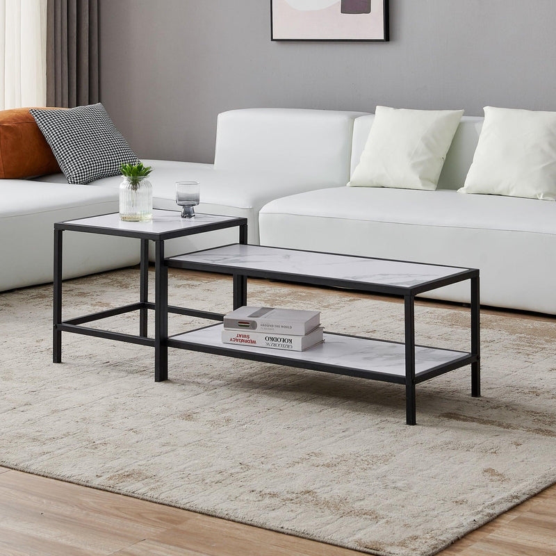 Modern Nesting coffee table Square & rectangle,Black metal frame with wood marble color top - Supfirm