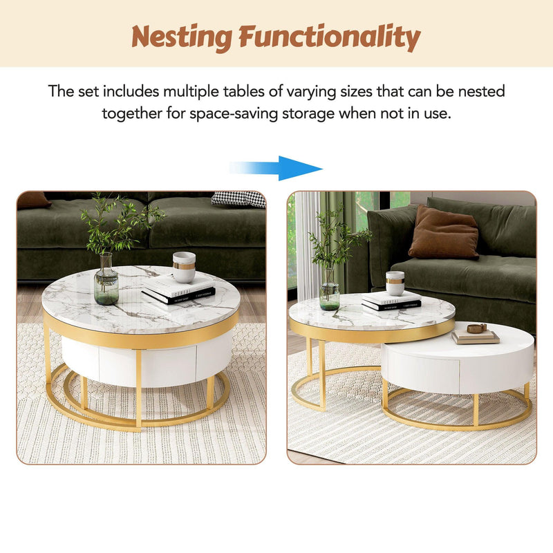 Modern Round Nesting Coffee Table with Drawers in White - Supfirm