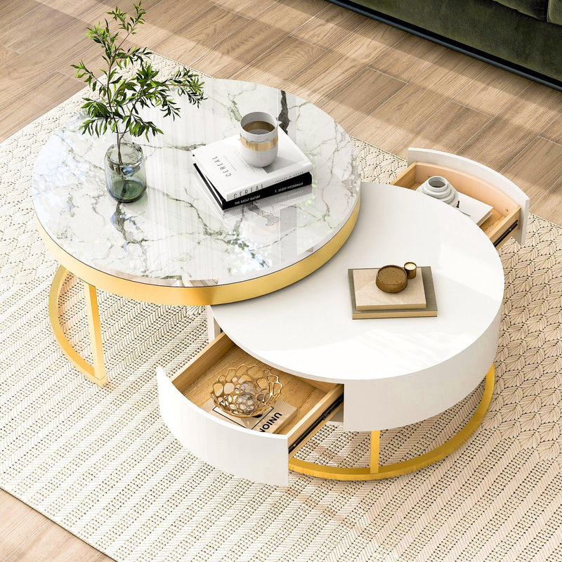 Modern Round Nesting Coffee Table with Drawers in White - Supfirm