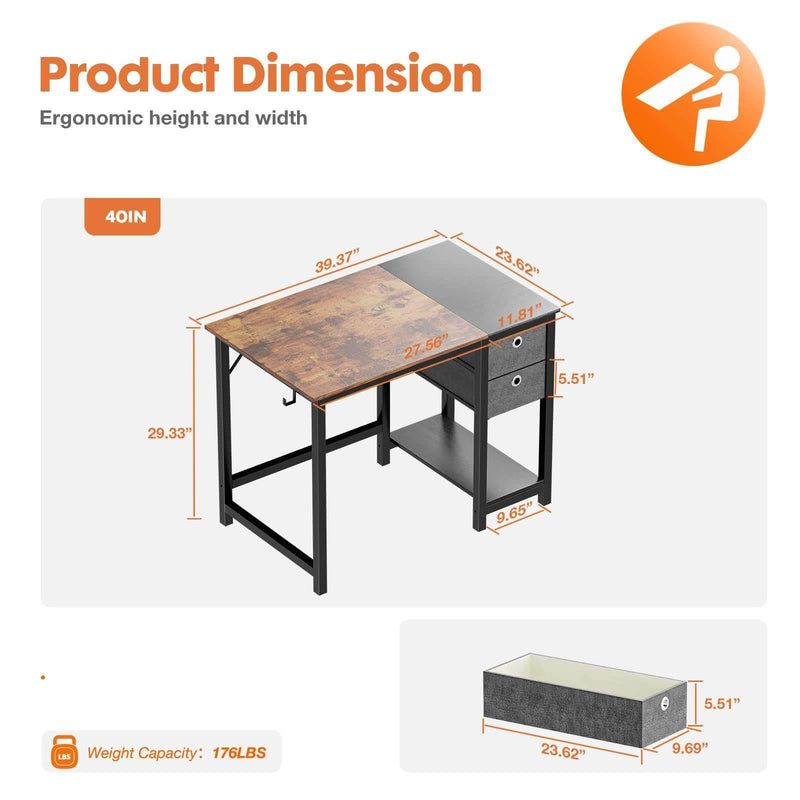 Modern Simple Style Home Office Writing Desk with 2-Tier Drawers Storage,Black Rustic,40IN - Supfirm