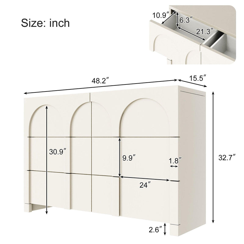 Modern Style Six-Drawer Dresser Sideboard Cabinet Ample Storage Spaces for Living Room, Children's Room, Adult Room, Half Gloss White - Supfirm