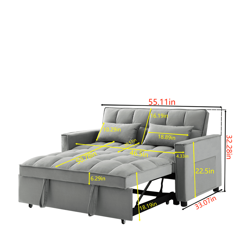 Modern Velvet Loveseat Futon Sofa Couch w/Pullout Bed,Small Love Seat Lounge Sofa w/Reclining Backrest,Toss Pillows, Pockets,Furniture for Living Room,3 in 1 Convertible Sleeper Sofa Bed, Gray - Supfirm