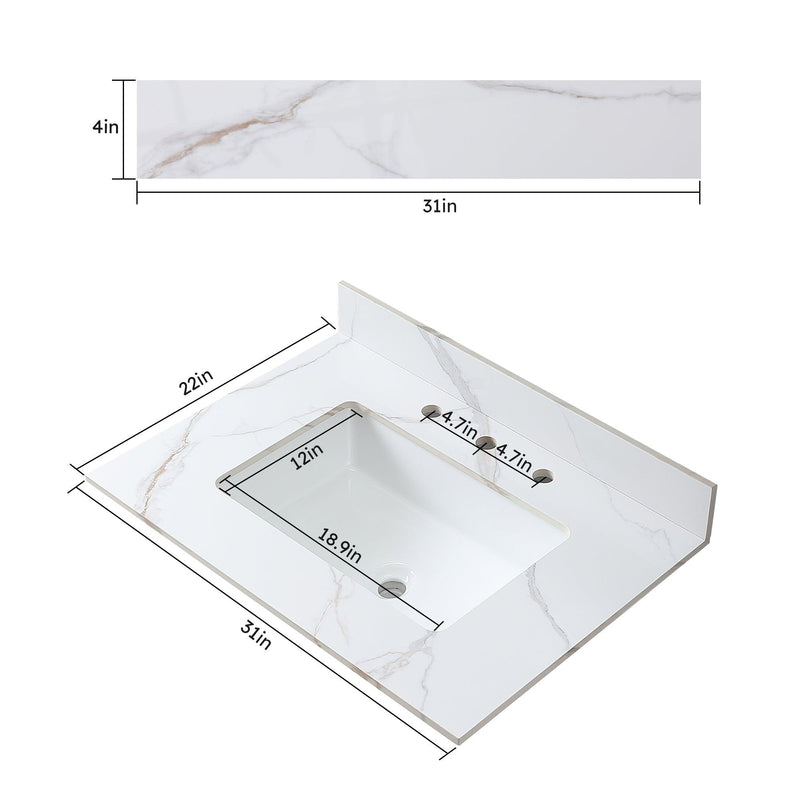 Montary 31inch bathroom vanity top stone carrara gold new style tops with rectangle undermount ceramic sink and back splash with 3 faucet hole for bathrom cabinet - Supfirm