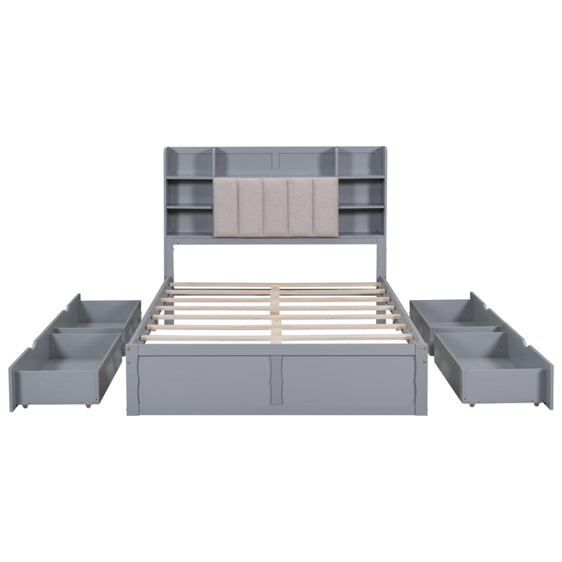 Multi-functional Full Size Bed Frame with 4 Under-bed Portable Storage Drawers and Multi-tier Bedside Storage Shelves, Grey - Supfirm