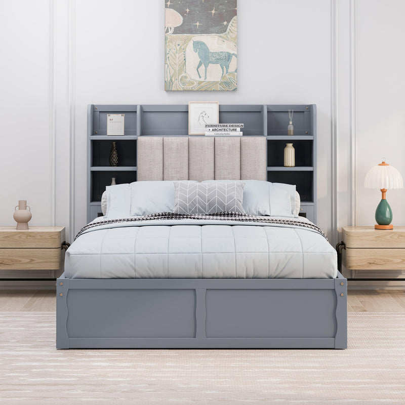 Multi-functional Full Size Bed Frame with 4 Under-bed Portable Storage Drawers and Multi-tier Bedside Storage Shelves, Grey - Supfirm