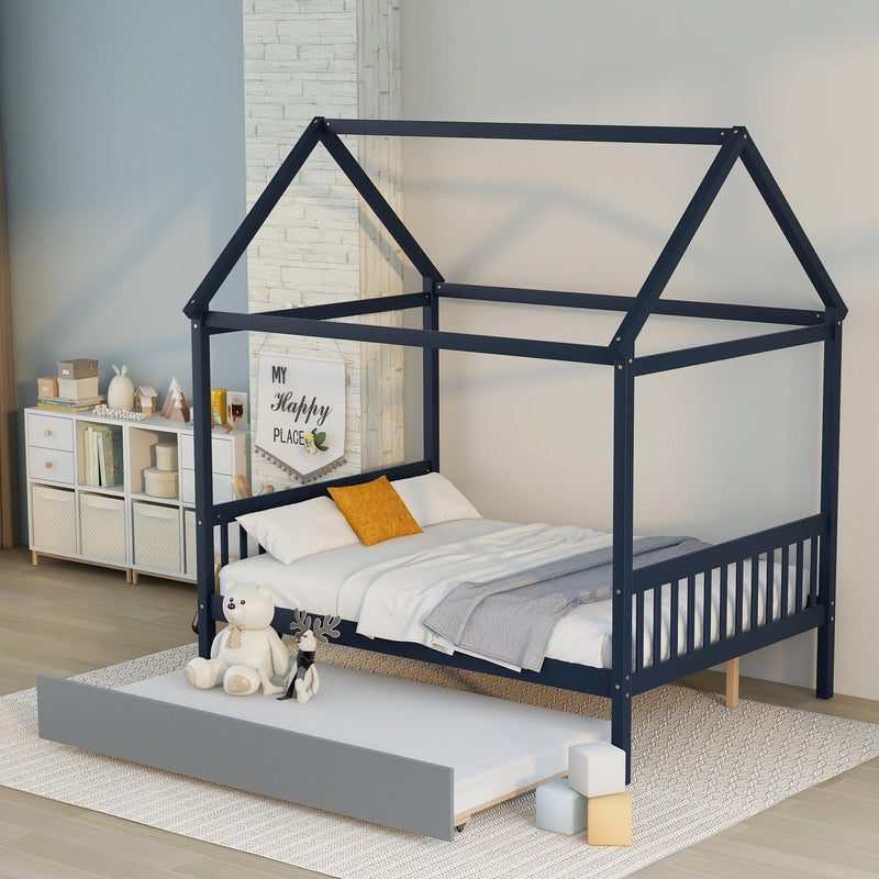 NAVY BLUE HOUSE FULL BED WITH TRUNDLE OF GREY COLOR - Supfirm