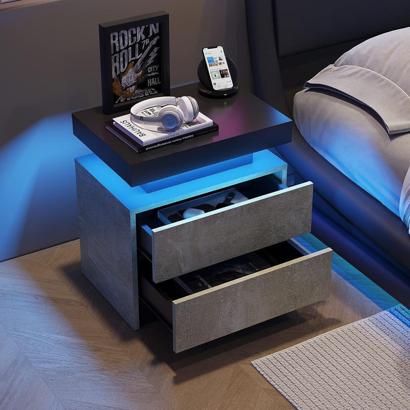 Nightstand LED Bedside Table Cabinet Lights Modern End Side with 2 Drawers for Bedroom (Gray) - Supfirm