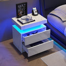 Nightstand LED Bedside Table Cabinet Lights Modern End Side with 2 Drawers for Bedroom (White Stone) - Supfirm