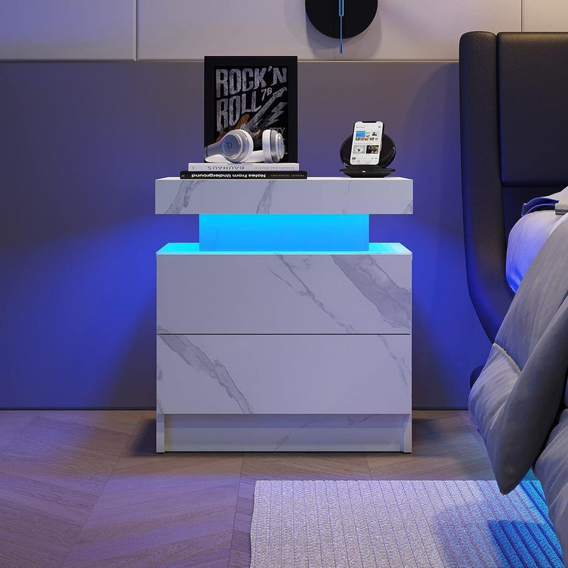 Nightstand LED Bedside Table Cabinet Lights Modern End Side with 2 Drawers for Bedroom (White Stone) - Supfirm