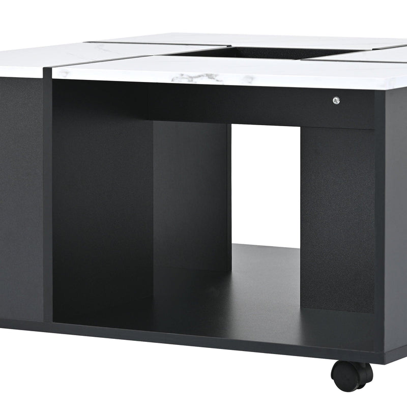 ON-TREND Modern 2-layer Coffee Table with Casters, Square Cocktail Table with Removable Tray, UV High-gloss Marble Design Center Table for Living Room, 31.4''x 31.4'' - Supfirm