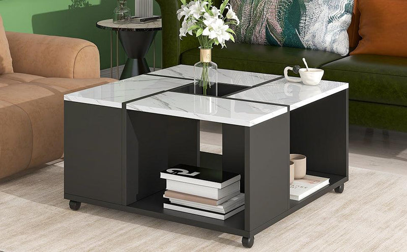 ON-TREND Modern 2-layer Coffee Table with Casters, Square Cocktail Table with Removable Tray, UV High-gloss Marble Design Center Table for Living Room, 31.4''x 31.4'' - Supfirm