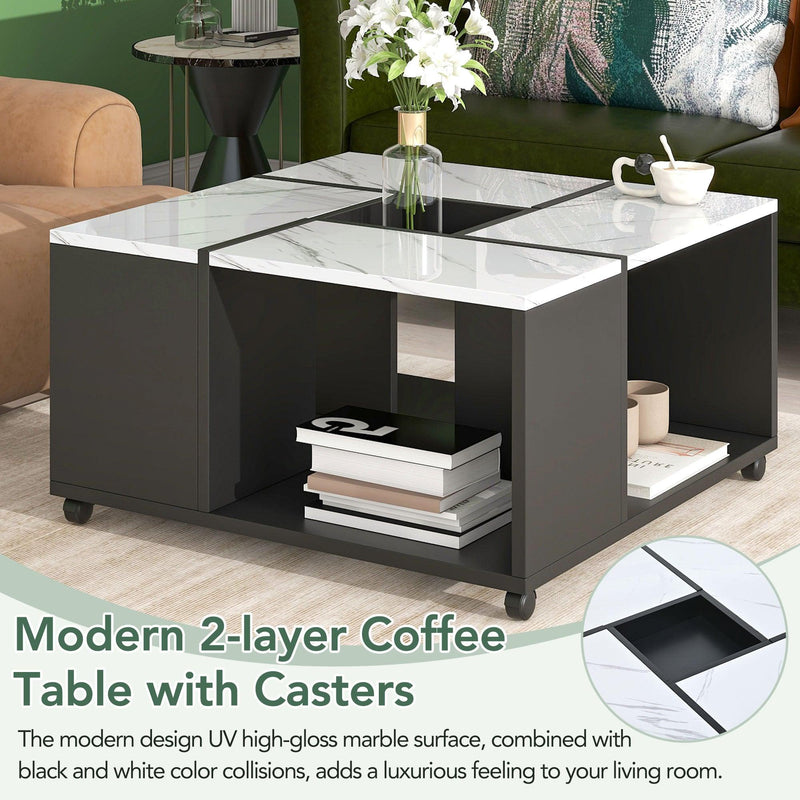 ON-TREND Modern 2-layer Coffee Table with Casters, Square Cocktail Table with Removable Tray, UV High-gloss Marble Design Center Table for Living Room, 31.4''x 31.4'' - Supfirm