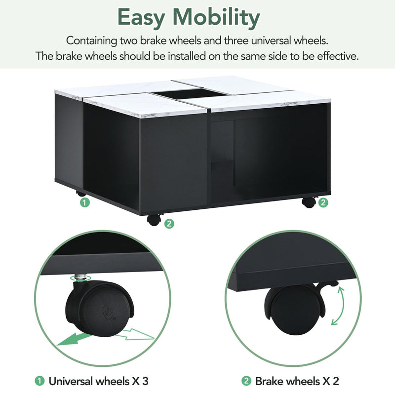 ON-TREND Modern 2-layer Coffee Table with Casters, Square Cocktail Table with Removable Tray, UV High-gloss Marble Design Center Table for Living Room, 31.4''x 31.4'' - Supfirm