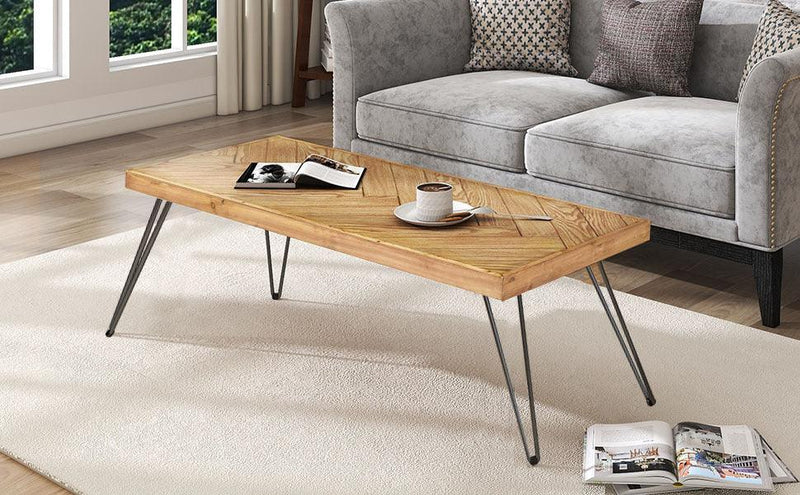 ON-TREND Modern Coffee Table, Easy Assembly Tea Table, Cocktail Table with w/Chevron Pattern & Metal Hairpin Legs for Living Room, Ash Wood Finished - Supfirm