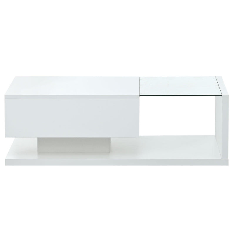 ON-TREND Modern Coffee Table with Tempered Glass, Wooden Cocktail Table with High-gloss UV Surface, Modernist 2-Tier Rectangle Center Table for Living Room, White - Supfirm