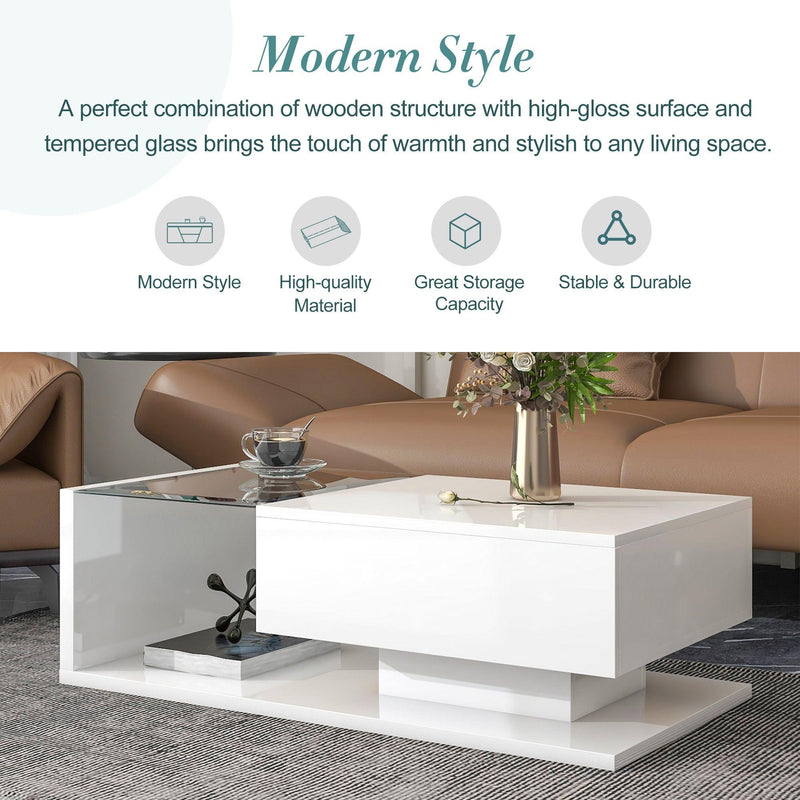 ON-TREND Modern Coffee Table with Tempered Glass, Wooden Cocktail Table with High-gloss UV Surface, Modernist 2-Tier Rectangle Center Table for Living Room, White - Supfirm