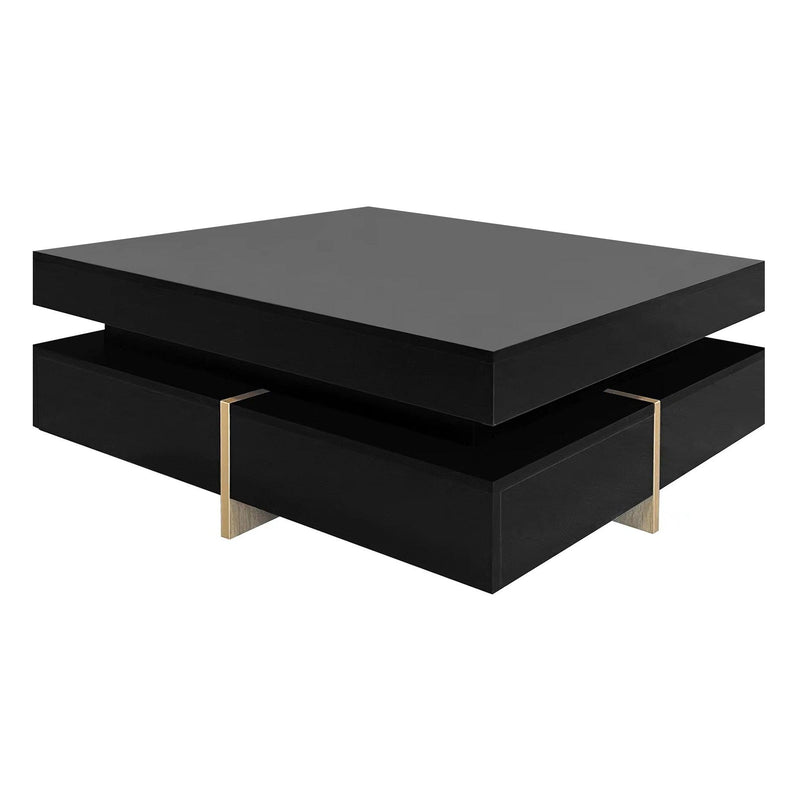 ON-TREND Modern High Gloss Coffee Table with 4 Drawers, Multi-Storage Square Cocktail Tea Table with Wood Grain Legs, Center Table for Living Room, 31.5''x31.5'', Black - Supfirm