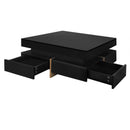 ON-TREND Modern High Gloss Coffee Table with 4 Drawers, Multi-Storage Square Cocktail Tea Table with Wood Grain Legs, Center Table for Living Room, 31.5''x31.5'', Black - Supfirm