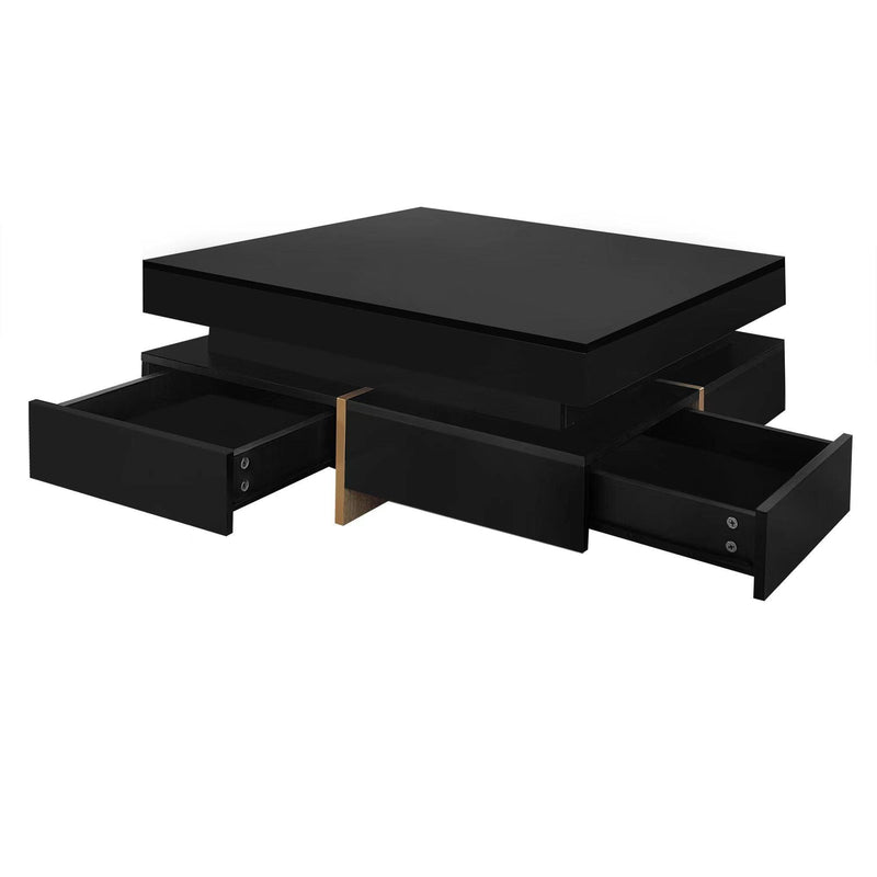 ON-TREND Modern High Gloss Coffee Table with 4 Drawers, Multi-Storage Square Cocktail Tea Table with Wood Grain Legs, Center Table for Living Room, 31.5''x31.5'', Black - Supfirm