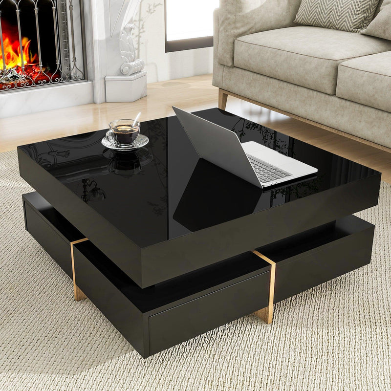 ON-TREND Modern High Gloss Coffee Table with 4 Drawers, Multi-Storage Square Cocktail Tea Table with Wood Grain Legs, Center Table for Living Room, 31.5''x31.5'', Black - Supfirm