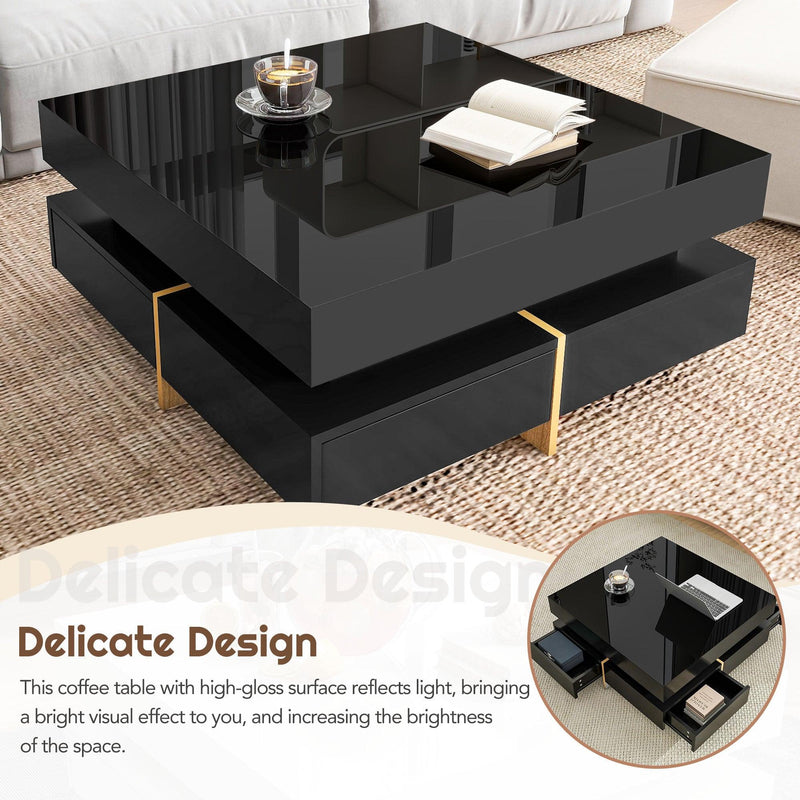 ON-TREND Modern High Gloss Coffee Table with 4 Drawers, Multi-Storage Square Cocktail Tea Table with Wood Grain Legs, Center Table for Living Room, 31.5''x31.5'', Black - Supfirm