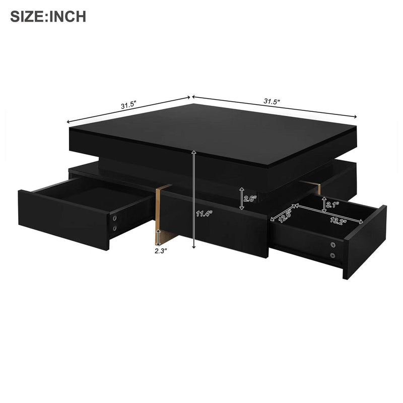 ON-TREND Modern High Gloss Coffee Table with 4 Drawers, Multi-Storage Square Cocktail Tea Table with Wood Grain Legs, Center Table for Living Room, 31.5''x31.5'', Black - Supfirm