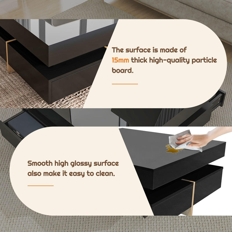 ON-TREND Modern High Gloss Coffee Table with 4 Drawers, Multi-Storage Square Cocktail Tea Table with Wood Grain Legs, Center Table for Living Room, 31.5''x31.5'', Black - Supfirm