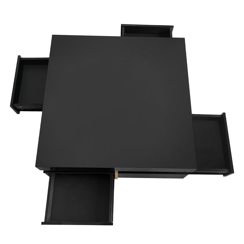 ON-TREND Modern High Gloss Coffee Table with 4 Drawers, Multi-Storage Square Cocktail Tea Table with Wood Grain Legs, Center Table for Living Room, 31.5''x31.5'', Black - Supfirm