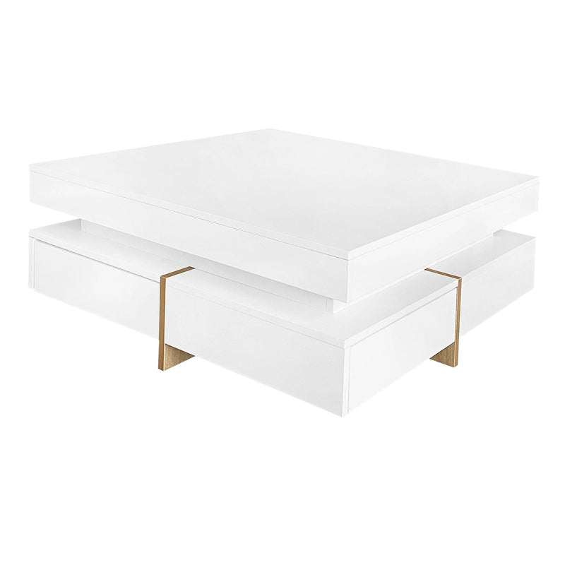 ON-TREND Modern High Gloss Coffee Table with 4 Drawers, Multi-Storage Square Cocktail Tea Table with Wood Grain Legs, Center Table for Living Room, 31.5''x31.5'', White - Supfirm