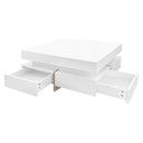 ON-TREND Modern High Gloss Coffee Table with 4 Drawers, Multi-Storage Square Cocktail Tea Table with Wood Grain Legs, Center Table for Living Room, 31.5''x31.5'', White - Supfirm