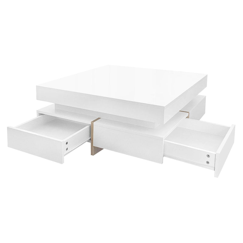 ON-TREND Modern High Gloss Coffee Table with 4 Drawers, Multi-Storage Square Cocktail Tea Table with Wood Grain Legs, Center Table for Living Room, 31.5''x31.5'', White - Supfirm