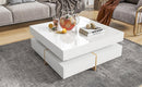 ON-TREND Modern High Gloss Coffee Table with 4 Drawers, Multi-Storage Square Cocktail Tea Table with Wood Grain Legs, Center Table for Living Room, 31.5''x31.5'', White - Supfirm